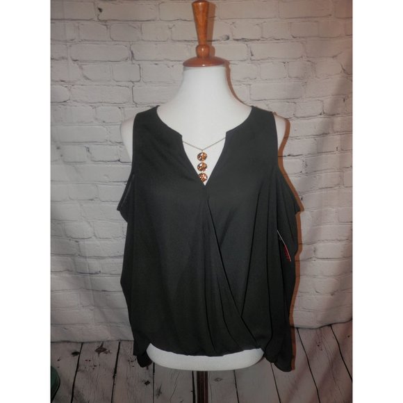 BOLD elements Tops - Cold Shoulder Top Necklace VNeck Sheer Long Sleeve